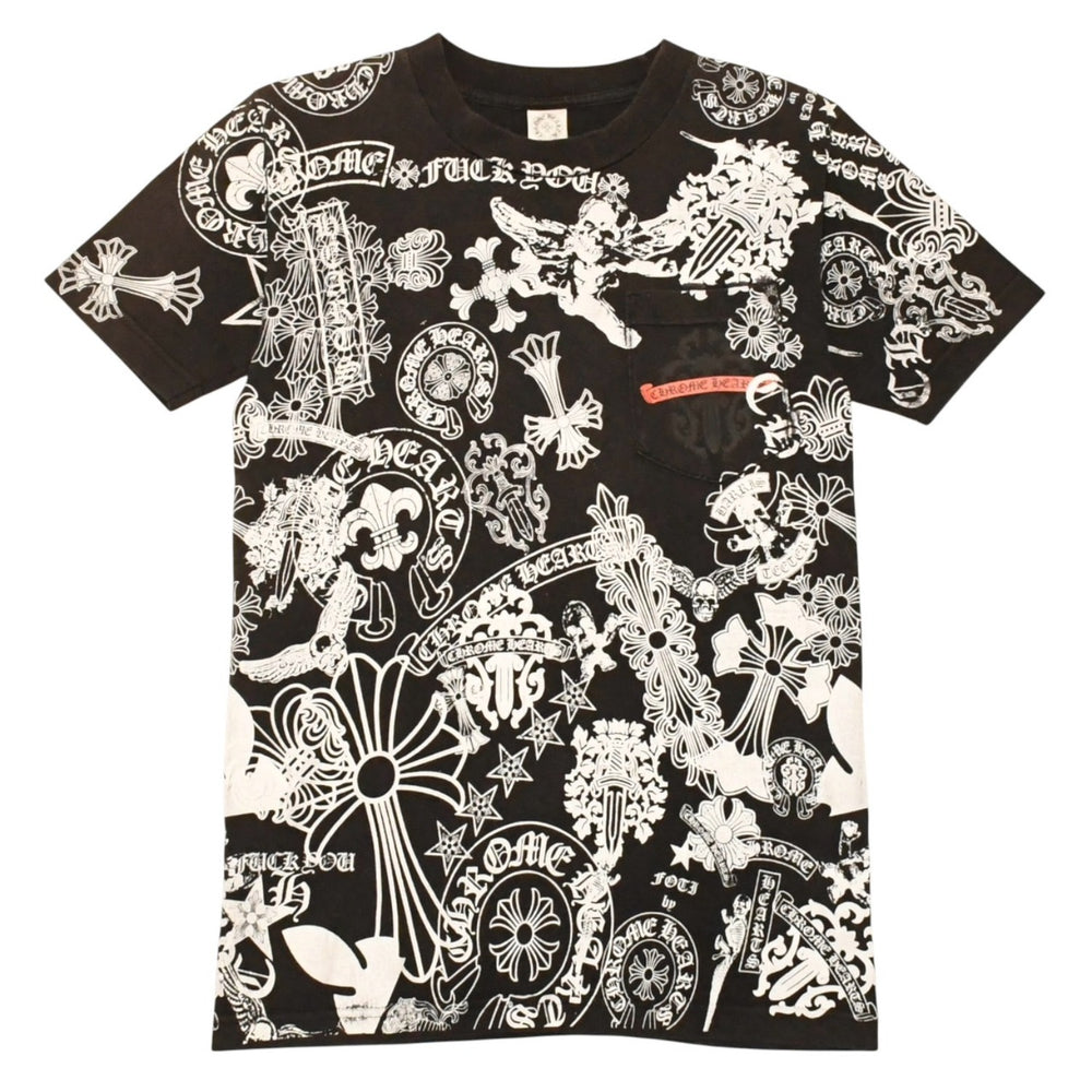 CHROME HEARTS クロムハーツ 総柄半袖Tシャツ サイズS FOTI オールオーバープリント ブラック ホワイト 美品 中古 4a006284