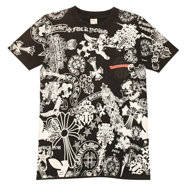 CHROME HEARTS クロムハーツ 総柄半袖Tシャツ サイズS FOTI オールオーバープリント ブラック ホワイト 美品 中古 4a006284