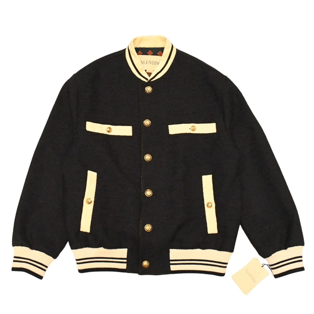 新品同様 VALENTINO ヴァレンティノ コットンツイード ボンバージャケット 7V3CIP68AWL ネイビー ベージュ 48サイズ ゴールド金具 4a006293
