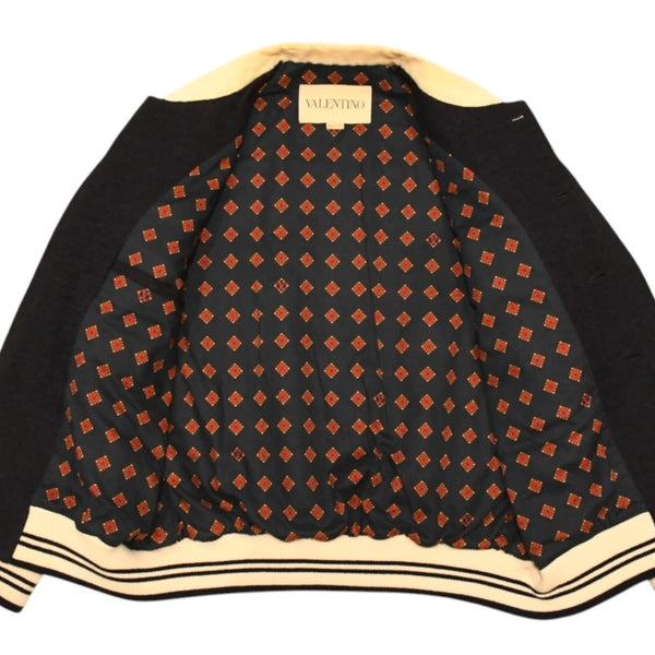 新品同様 VALENTINO ヴァレンティノ コットンツイード ボンバージャケット 7V3CIP68AWL ネイビー ベージュ 48サイズ ゴールド金具 4a006293