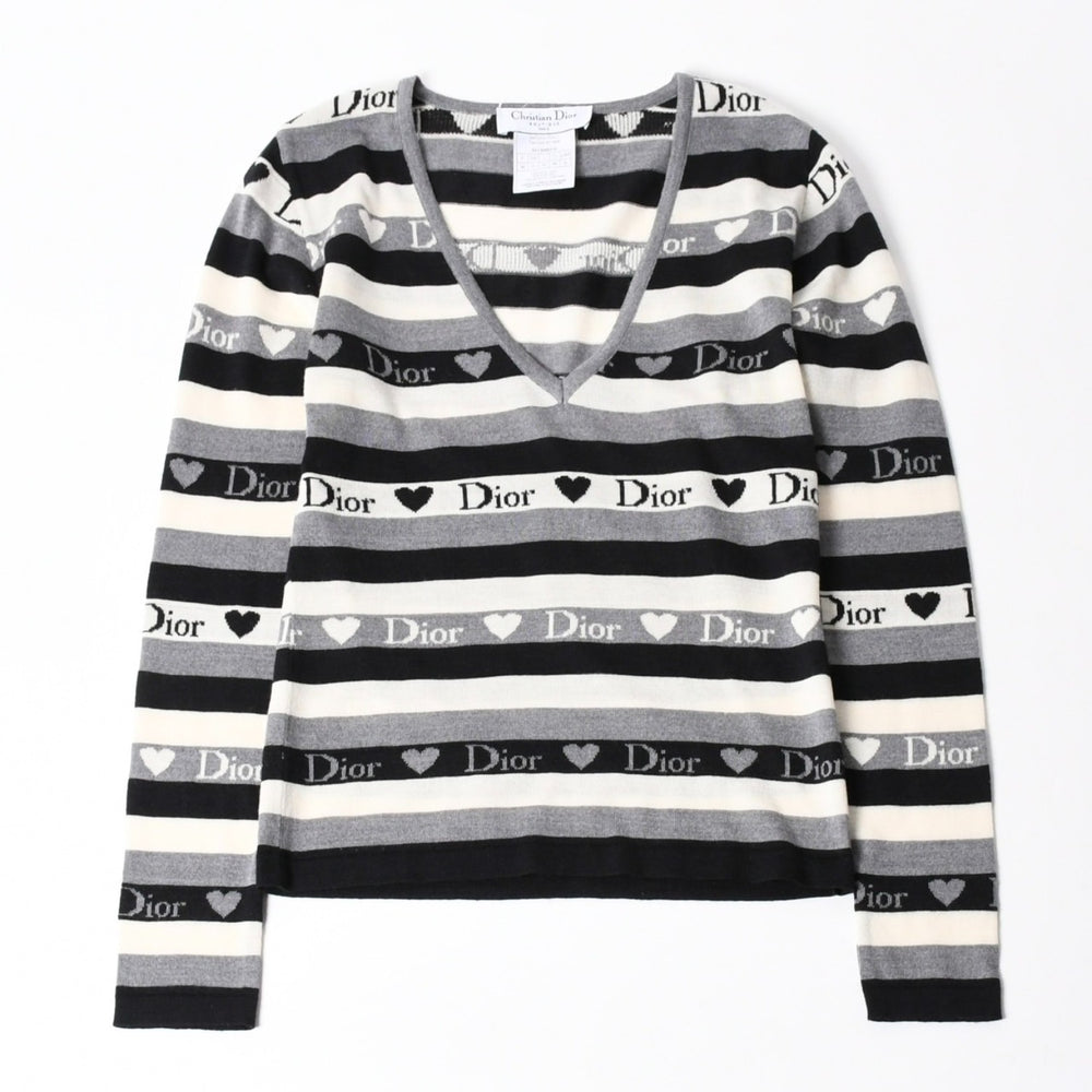 Christian Dior クリスチャン ディオール Vネック 長袖 ニット サイズ 38 5A13055310 グレー ブラック ホワイト 美品 中古 4a006355