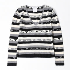 Christian Dior クリスチャン ディオール Vネック 長袖 ニット サイズ 38 5A13055310 グレー ブラック ホワイト 美品 中古 4a006355
