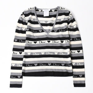 Christian Dior クリスチャン ディオール Vネック 長袖 ニット サイズ 38 5A13055310 グレー ブラック ホワイト 美品 中古 4a006355