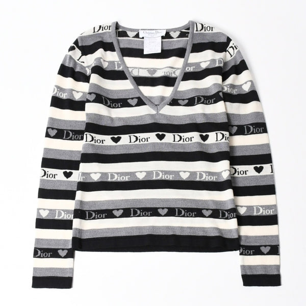Christian Dior クリスチャン ディオール Vネック 長袖 ニット サイズ 38 5A13055310 グレー ブラック ホワイト 美品 中古 4a006355