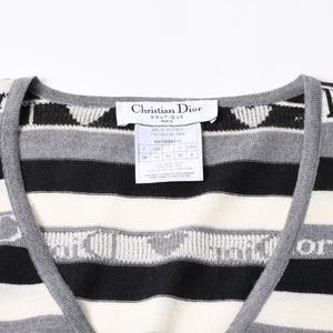 Christian Dior クリスチャン ディオール Vネック 長袖 ニット サイズ 38 5A13055310 グレー ブラック ホワイト 美品 中古 4a006355