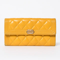 CHANEL シャネル ボーイシャネル ロングウォレット 長財布 28番台 ココマーク ラムスキン イエロー ゴールド金具 美品 中古 4a006764