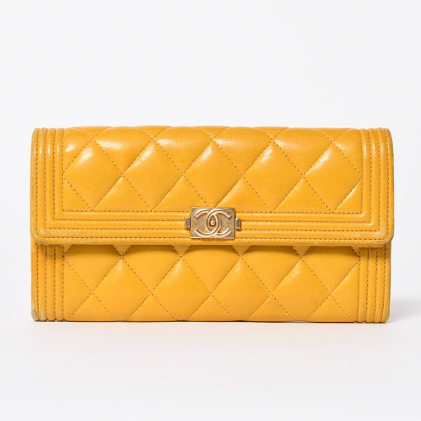 CHANEL シャネル ボーイシャネル ロングウォレット 長財布 28番台 ココマーク ラムスキン イエロー ゴールド金具 美品 中古 4a006764
