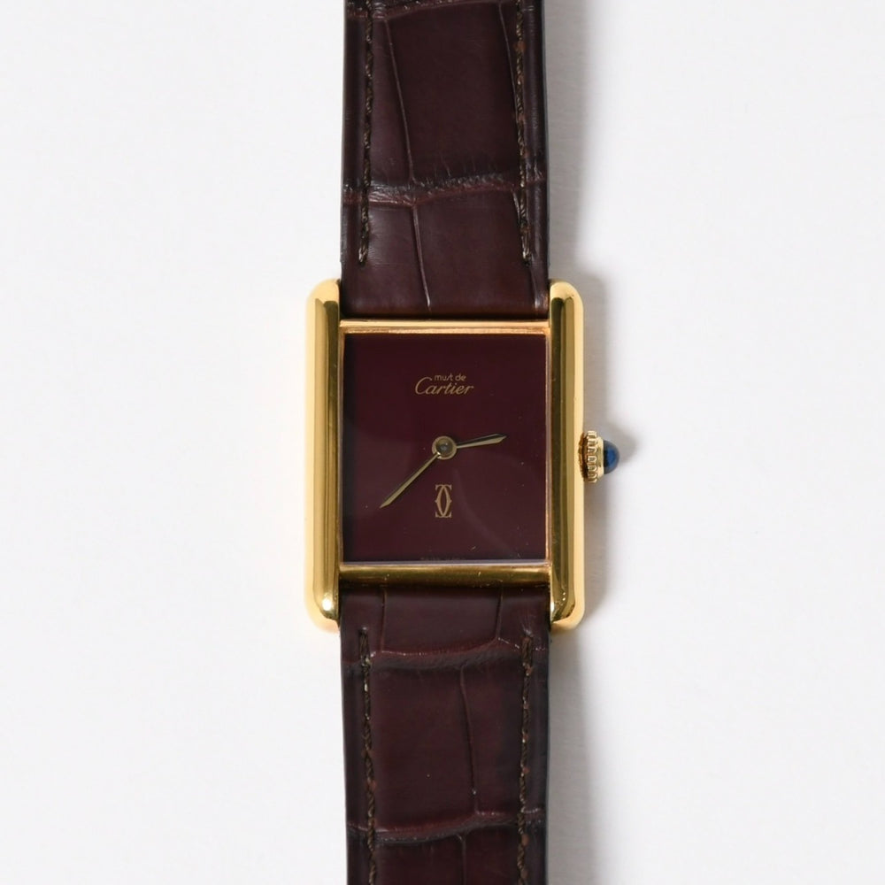極美品 CARTIER カルティエ TANK LM VERMEIL マストタンク LM ヴェルメイユ 腕時計 1975713 GP レザー ボルドー文字盤 手巻き 中古 4a006044
