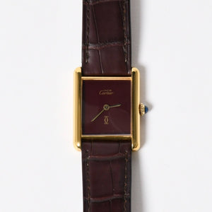 極美品 CARTIER カルティエ TANK LM VERMEIL マストタンク LM ヴェルメイユ 腕時計 1975713 GP レザー ボルドー文字盤 手巻き 中古 4a006044