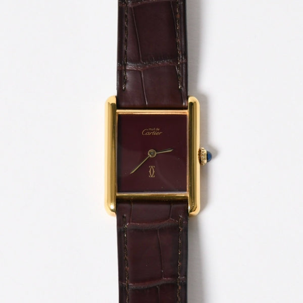 極美品 CARTIER カルティエ TANK LM VERMEIL マストタンク LM ヴェルメイユ 腕時計 1975713 GP レザー ボルドー文字盤 手巻き 中古 4a006044