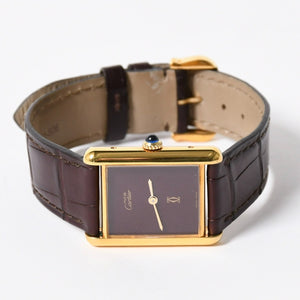 極美品 CARTIER カルティエ TANK LM VERMEIL マストタンク LM ヴェルメイユ 腕時計 1975713 GP レザー ボルドー文字盤 手巻き 中古 4a006044