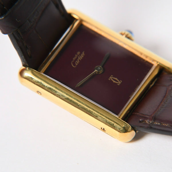 極美品 CARTIER カルティエ TANK LM VERMEIL マストタンク LM ヴェルメイユ 腕時計 1975713 GP レザー ボルドー文字盤 手巻き 中古 4a006044