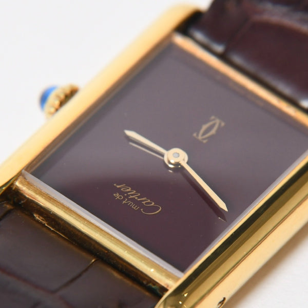 極美品 CARTIER カルティエ TANK LM VERMEIL マストタンク LM ヴェルメイユ 腕時計 1975713 GP レザー ボルドー文字盤 手巻き 中古 4a006044