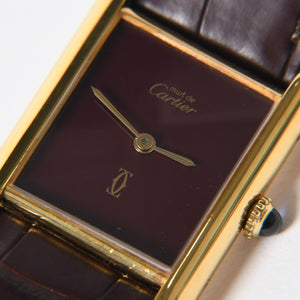 極美品 CARTIER カルティエ TANK LM VERMEIL マストタンク LM ヴェルメイユ 腕時計 1975713 GP レザー ボルドー文字盤 手巻き 中古 4a006044