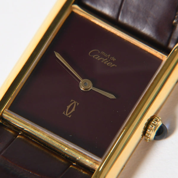 極美品 CARTIER カルティエ TANK LM VERMEIL マストタンク LM ヴェルメイユ 腕時計 1975713 GP レザー ボルドー文字盤 手巻き 中古 4a006044