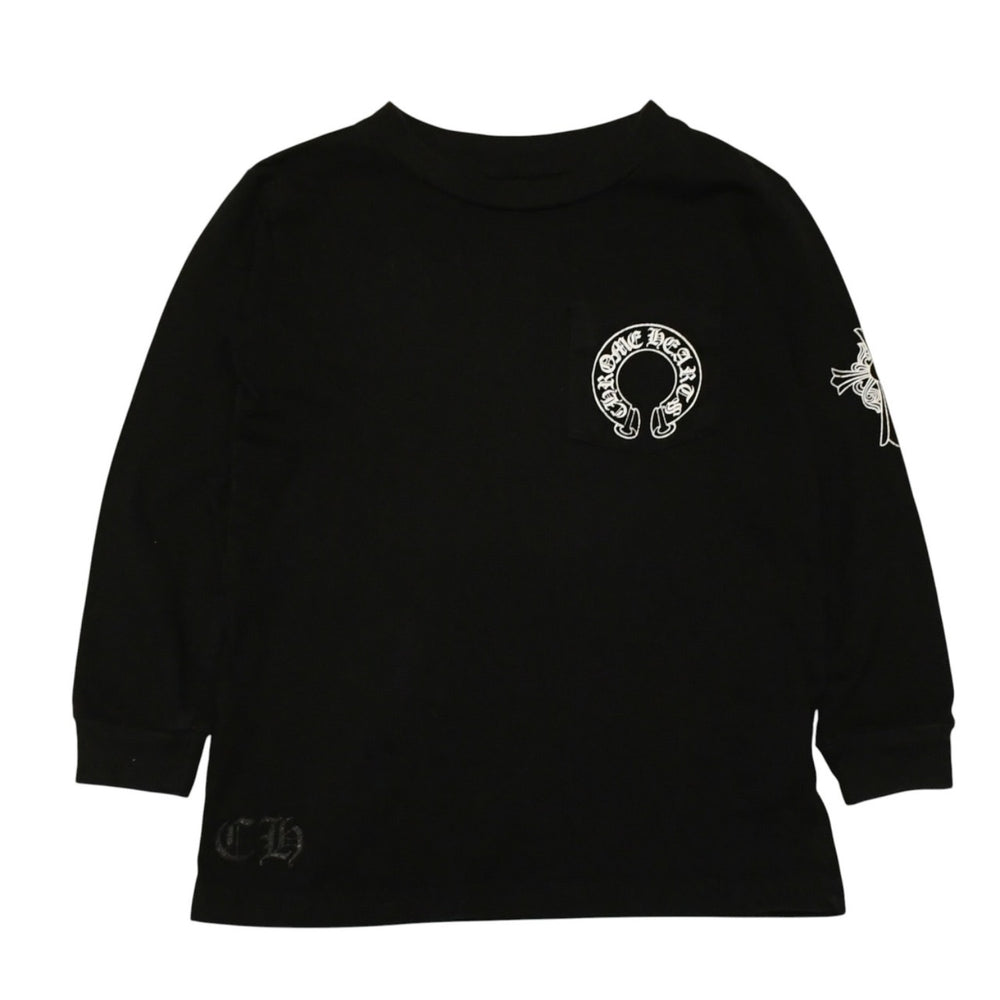 CHROME HEARTS クロムハーツ ホースシュー ヘアリー クロス ロングTシャツ キッズ コットン ブラック サイズ2T 美品 中古 4a006245