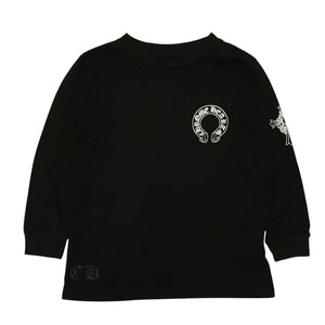 CHROME HEARTS クロムハーツ ホースシュー ヘアリー クロス ロングTシャツ キッズ コットン ブラック サイズ2T 美品 中古 4a006245