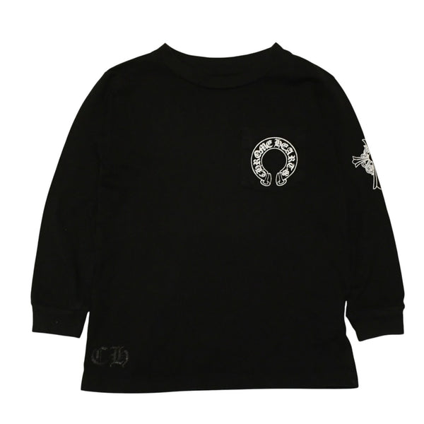 CHROME HEARTS クロムハーツ ホースシュー ヘアリー クロス ロングTシャツ キッズ コットン ブラック サイズ2T 美品 中古 4a006245