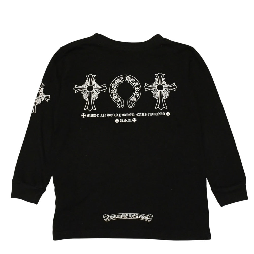 CHROME HEARTS クロムハーツ ホースシュー ヘアリー クロス ロングTシャツ キッズ コットン ブラック サイズ2T 美品 中古 4a006245