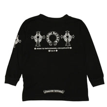 Load the image into the gallery viewer. CHROME HEARTS クロムハーツ ホースシュー ヘアリー クロス ロングTシャツ キッズ コットン ブラック サイズ2T 美品 中古 4a006245