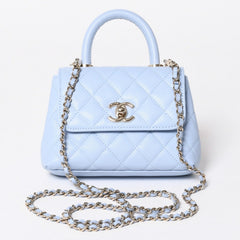 新品未使用品 CHANEL シャネル マトラッセ ココハンドル 14.5 ミニチェーン クラッチ バッグ ライトブルー ランダム番台 中古 4a006467