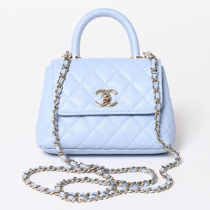 新品未使用品 CHANEL シャネル マトラッセ ココハンドル 14.5 ミニチェーン クラッチ バッグ ライトブルー ランダム番台 中古 4a006467