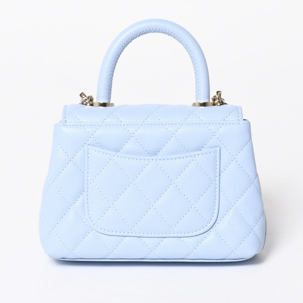 新品未使用品 CHANEL シャネル マトラッセ ココハンドル 14.5 ミニチェーン クラッチ バッグ ライトブルー ランダム番台 中古 4a006467