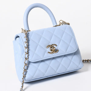 新品未使用品 CHANEL シャネル マトラッセ ココハンドル 14.5 ミニチェーン クラッチ バッグ ライトブルー ランダム番台 中古 4a006467