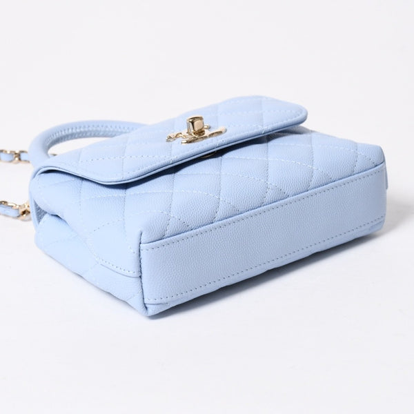 新品未使用品 CHANEL シャネル マトラッセ ココハンドル 14.5 ミニチェーン クラッチ バッグ ライトブルー ランダム番台 中古 4a006467