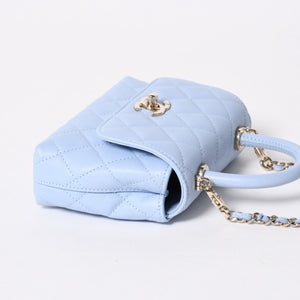新品未使用品 CHANEL シャネル マトラッセ ココハンドル 14.5 ミニチェーン クラッチ バッグ ライトブルー ランダム番台 中古 4a006467