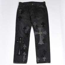 画像をギャラリービューアに読み込む, 極美品 CHROME HEARTS クロムハーツ Levi's リーバイス 501 デニム ブラック クロスパッチ ラージクロス スモールクロス サイズ34 中古 4a006484