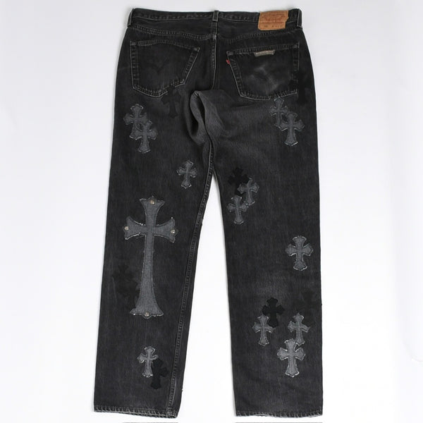 極美品 CHROME HEARTS クロムハーツ Levi's リーバイス 501 デニム ブラック クロスパッチ ラージクロス スモールクロス サイズ34 中古 4a006484