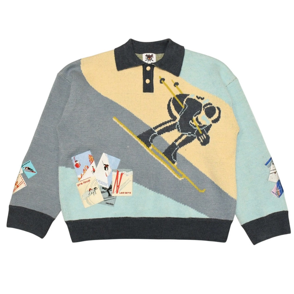 極美品 HOUSE OF ERRORS ハウスオブエラー ハーフボタン付きスキー柄ニットセーター Mサイズ ベージュ ネイビー ライトブルー 中古 4a006295