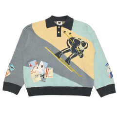 極美品 HOUSE OF ERRORS ハウスオブエラー ハーフボタン付きスキー柄ニットセーター Mサイズ ベージュ ネイビー ライトブルー 中古 4a006295