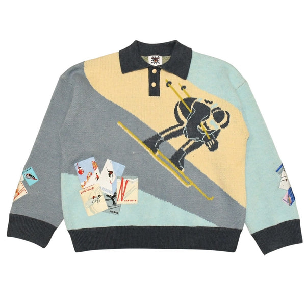極美品 HOUSE OF ERRORS ハウスオブエラー ハーフボタン付きスキー柄ニットセーター Mサイズ ベージュ ネイビー ライトブルー 中古 4a006295