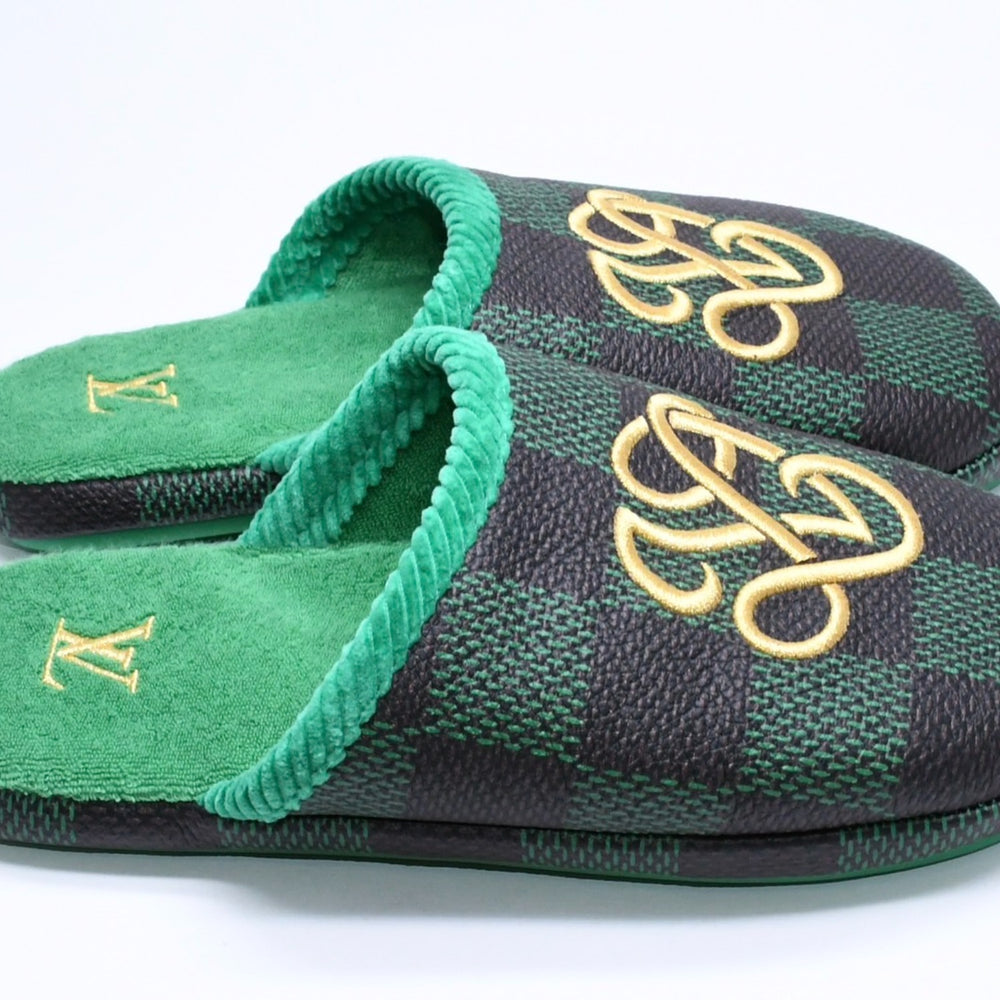 新品同様品 LOUIS VUITTON ルイヴィトン LV パレス ライン ミュール スリッパ サイズ3 ダミエパターン 1ACN7F グリーン 中古 4a006366