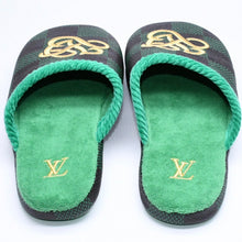 Load the image into the gallery viewer. 新品同様品 LOUIS VUITTON ルイヴィトン LV パレス ライン ミュール スリッパ サイズ3 ダミエパターン 1ACN7F グリーン 中古 4a006366