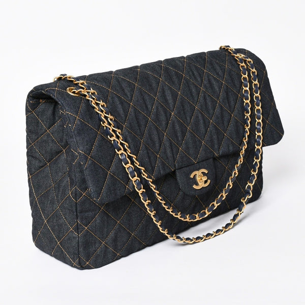 新品未使用 CHANEL シャネル デカマトラッセ38 Sフラップ Wチェーンショルダーバッグ ランダム番台 ココマーク デニム 中古 4a006419
