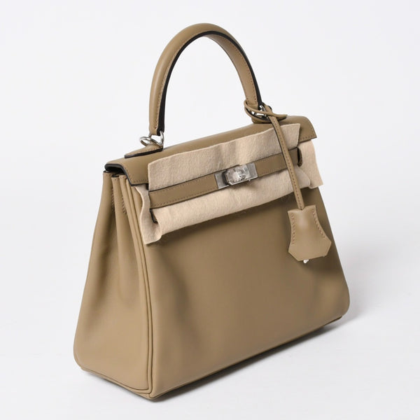 新品同様 HERMES エルメス ケリー25 2WAY ショルダーバッグ W刻印 ヴォースイフト ベージュマルファ シルバー金具 中古 4a006145
