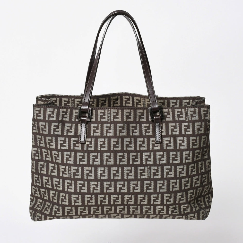 極美品 FENDI フェンディ ズッキーノ柄 ハンドバッグ キャンバス レザー ブラウン ブラックメタル金具 中古 4a006495