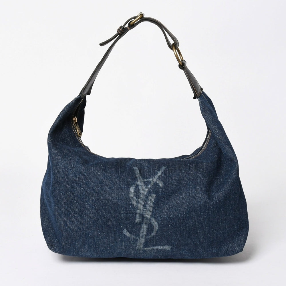 極美品 YVES SAINT LAURENT イヴ サンローラン ワンショルダーバッグ カサンドラ 205027 デニム ブルー ゴールド金具 中古 4a006410