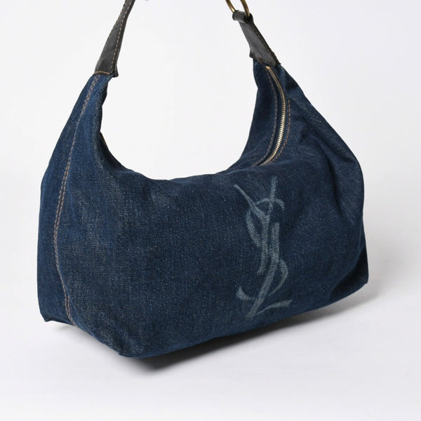 Very Good Condition YVES SAINT LAURENT Yves Saint Laurent One Shoulder Bag Cassandra 205027 Denim Blue Gold Hardware Used 4a006410