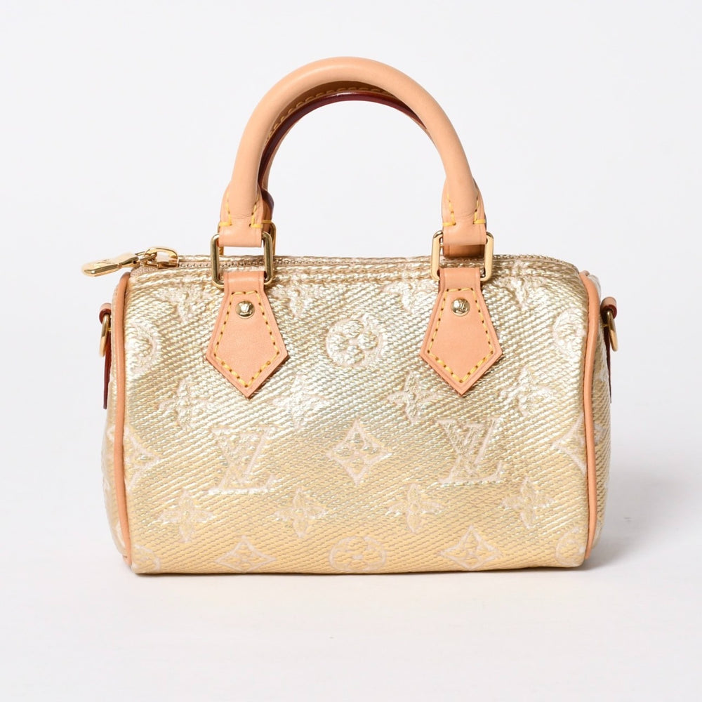極美品 LOUIS VUITTON ルイヴィトン Hand Bag ハンドバッグ Shoulder Bag ショルダーバッグ モノグラムジャガード ナノスピーディ M82242 ゴールド ベージュ 中古 4a006443