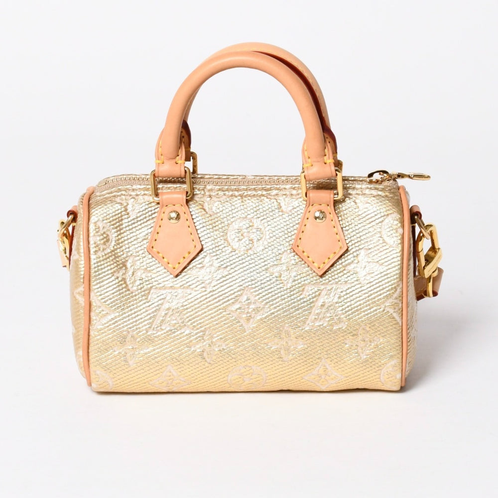 極美品 LOUIS VUITTON ルイヴィトン Hand Bag ハンドバッグ Shoulder Bag ショルダーバッグ モノグラムジャガード ナノスピーディ M82242 ゴールド ベージュ 中古 4a006443