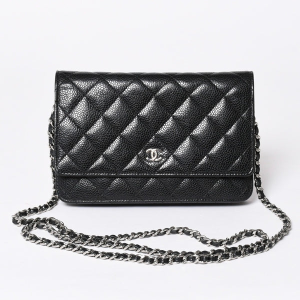 極美品 CHANEL シャネル チェーンウォレット 長財布 AP0250 22番台 ココマーク キャビアスキン ブラック シルバー金具 中古 4a004351