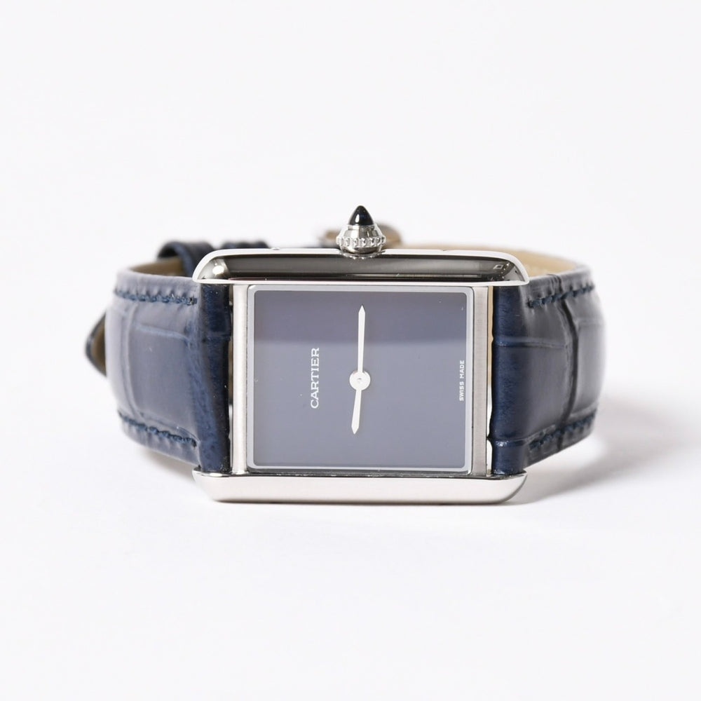 新品同様 CARTIER カルティエ TANK MUST LM タンクマスト LM 腕時計 WSTA0055 重量31.79g SS クォーツ レザー ブルー文字盤 中古 4a006377