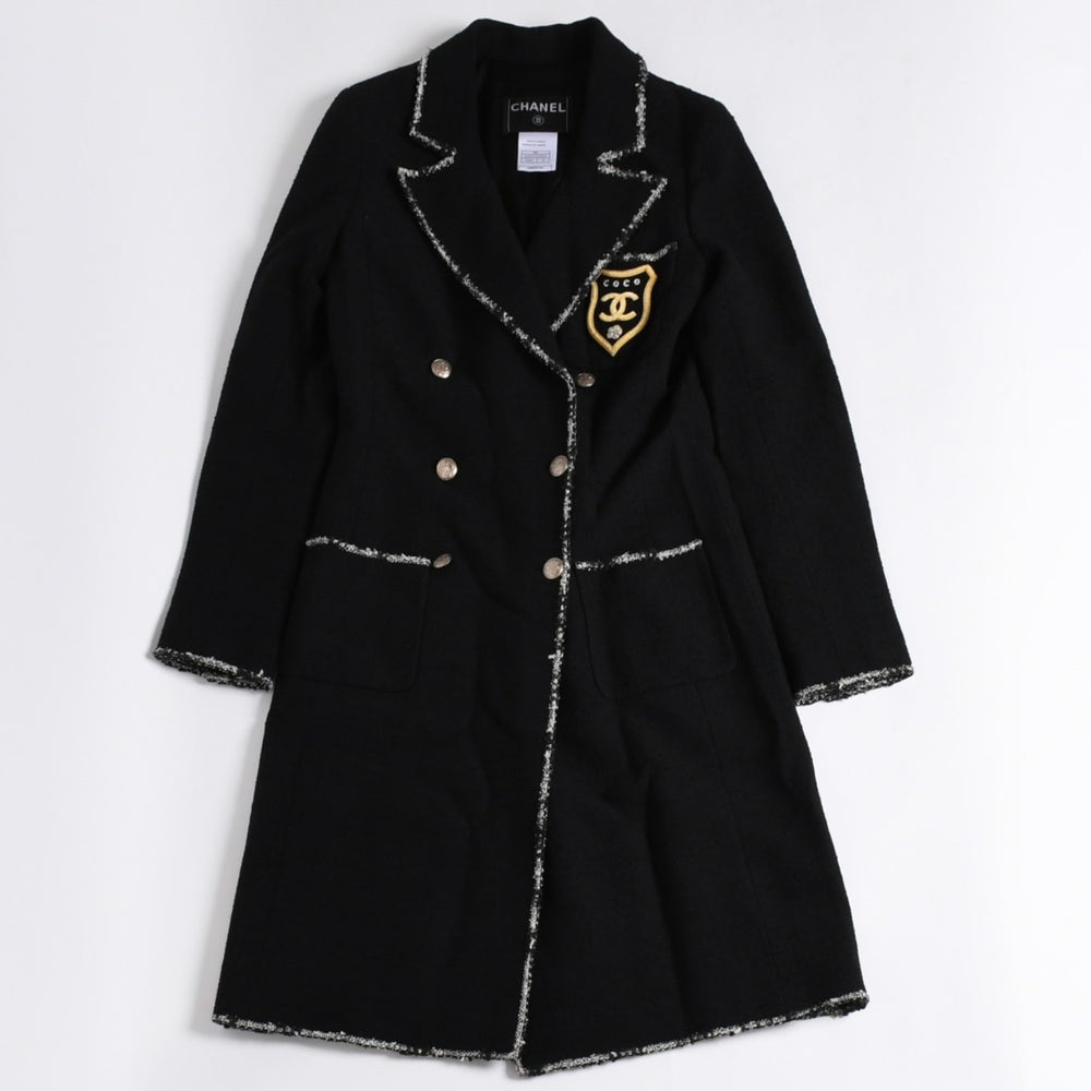 新品同様品 CHANEL シャネル ツイードロングコート エンブレムワッペン ダブルブレスト 05C サイズ36 P24957V15529 中古 4a003296