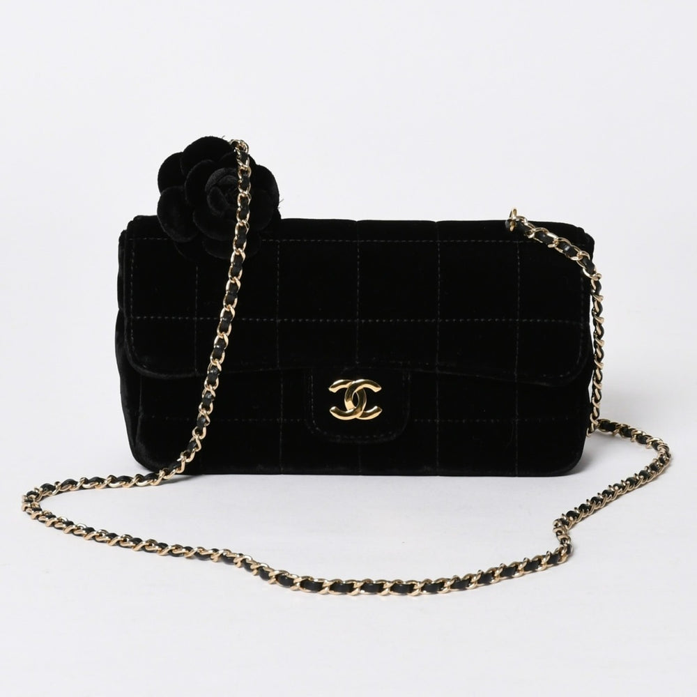 新品同様品 CHANEL シャネル チョコバー ベルベット シングルフラップ シングルチェーンバッグ 6番台 ベロア ゴールド金具 中古 4a006444