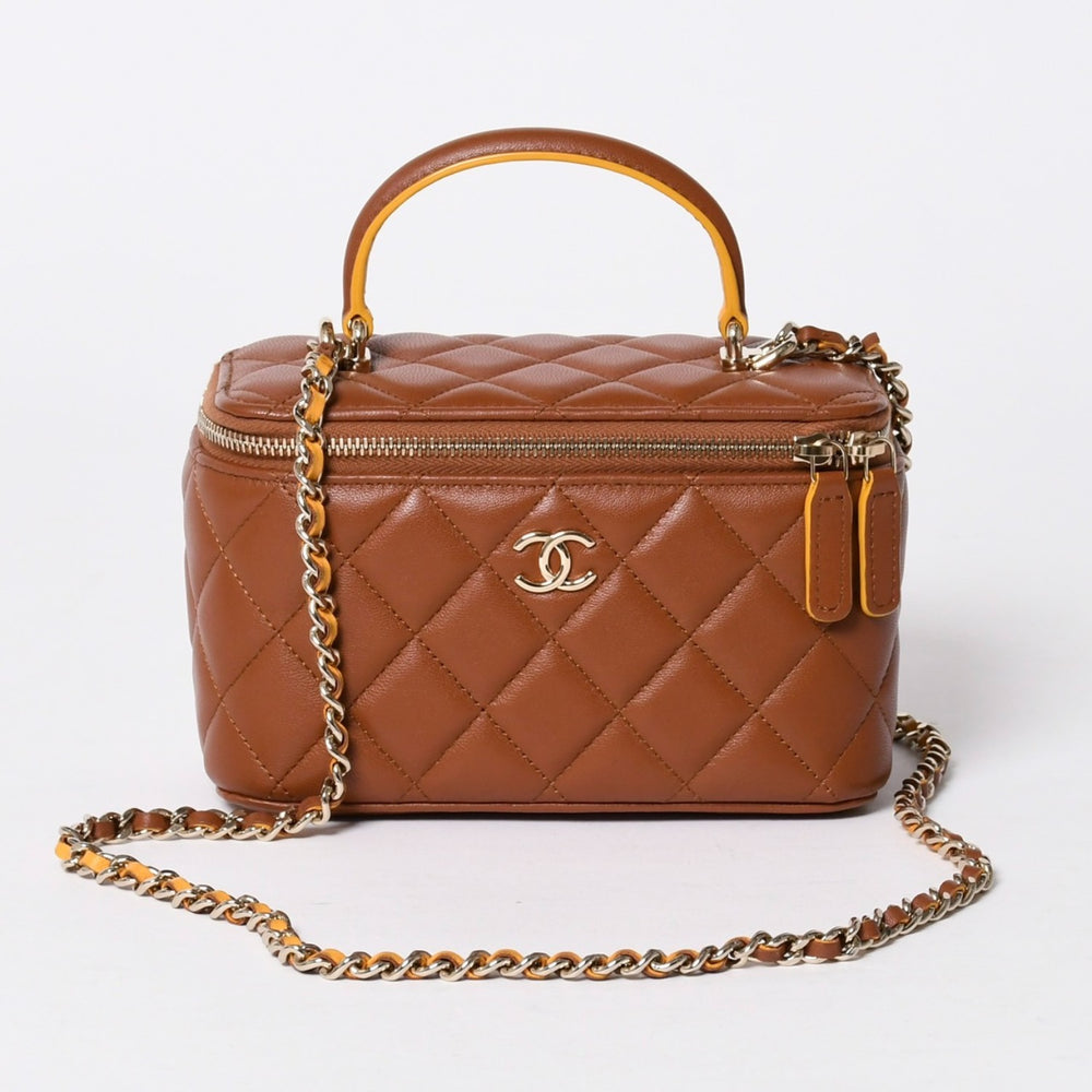 新品同様品 CHANEL シャネル ハンドバッグ ショルダーバッグ ココハンドル バニティケース ランダム番台 ブラウン ゴールド金具 ラムスキン 中古 4a006459