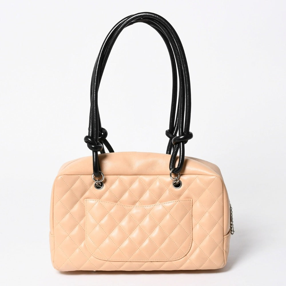 極美品 CHANEL シャネル カンボンライン ボーリングバッグ ハンドバッグ A25171 ラムスキン 8番台 ベージュ ブラック ココマーク シルバー金具 中古 4a006417